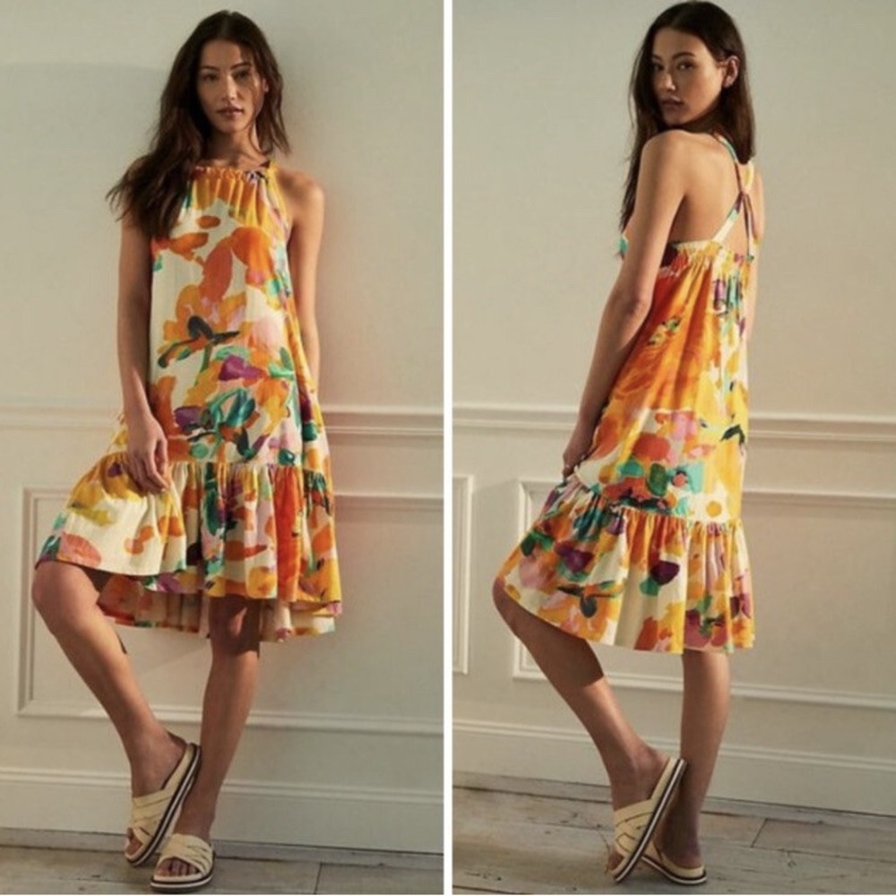 Anthro Daily Practice Frida Crossback Knit Halter Printed Flowy Midi Dress